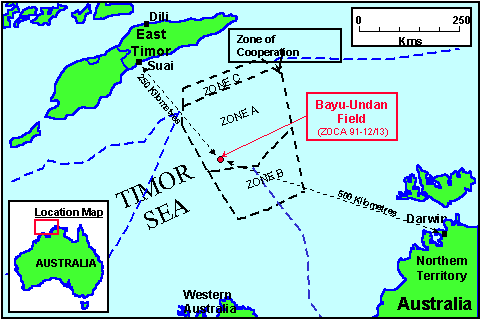 The Bayu-Undan field lies in the Timor Sea, 500km offshore of north-west Darwin. 